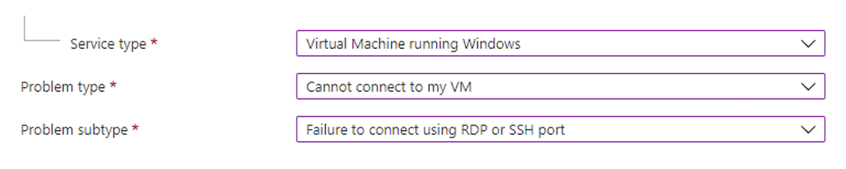 Screenshot showing what to include in support request when VM connection fails with RDP