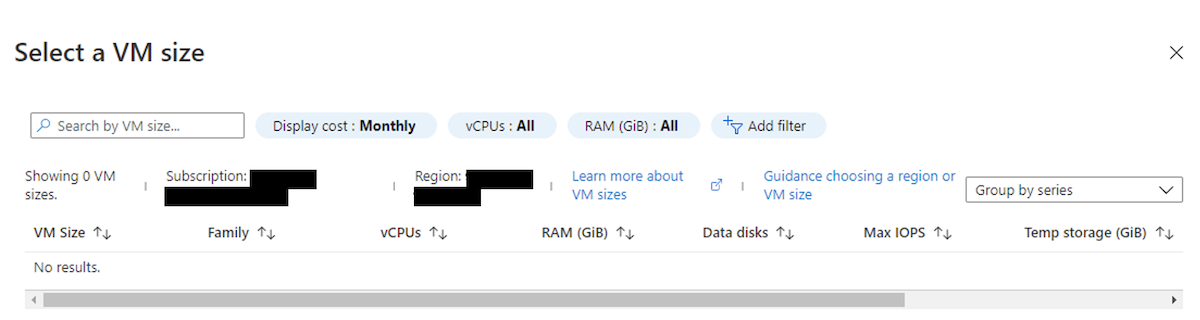 Screenshot showing the Azure Portal dashboard to select a VM size