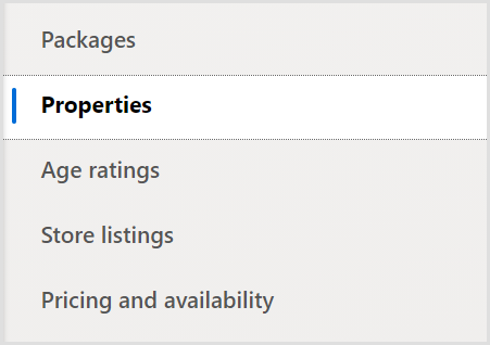 Screenshot of the UI for the Properties, Age ratings, Store listings, and Pricing and availability sections