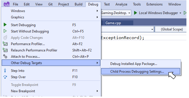 The Child Process Debugging menu in Visual Studio