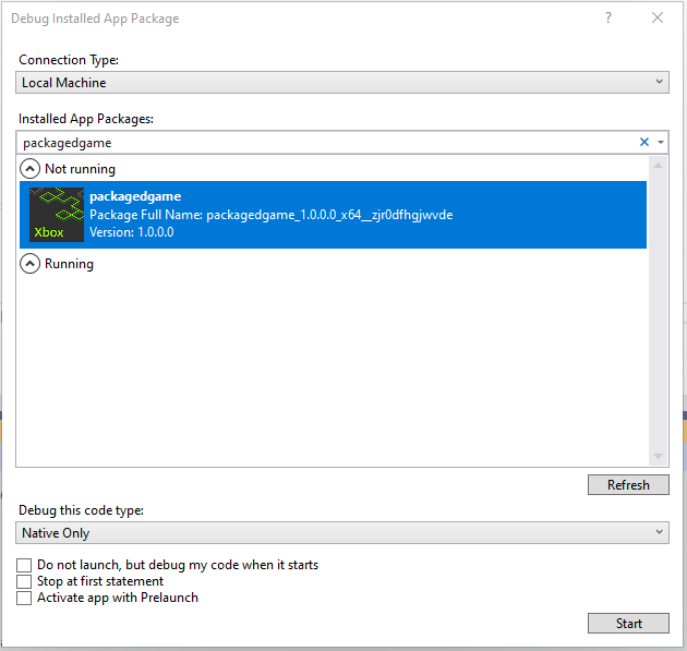 The Debug Installed App Package dialog in Visual Studio