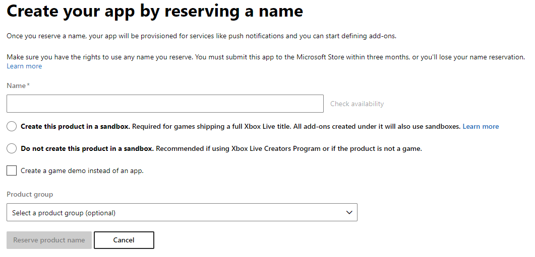 The "Create your app by reserving a name" page