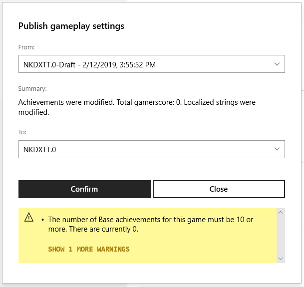 The "Publish gameplay settings" dialog box