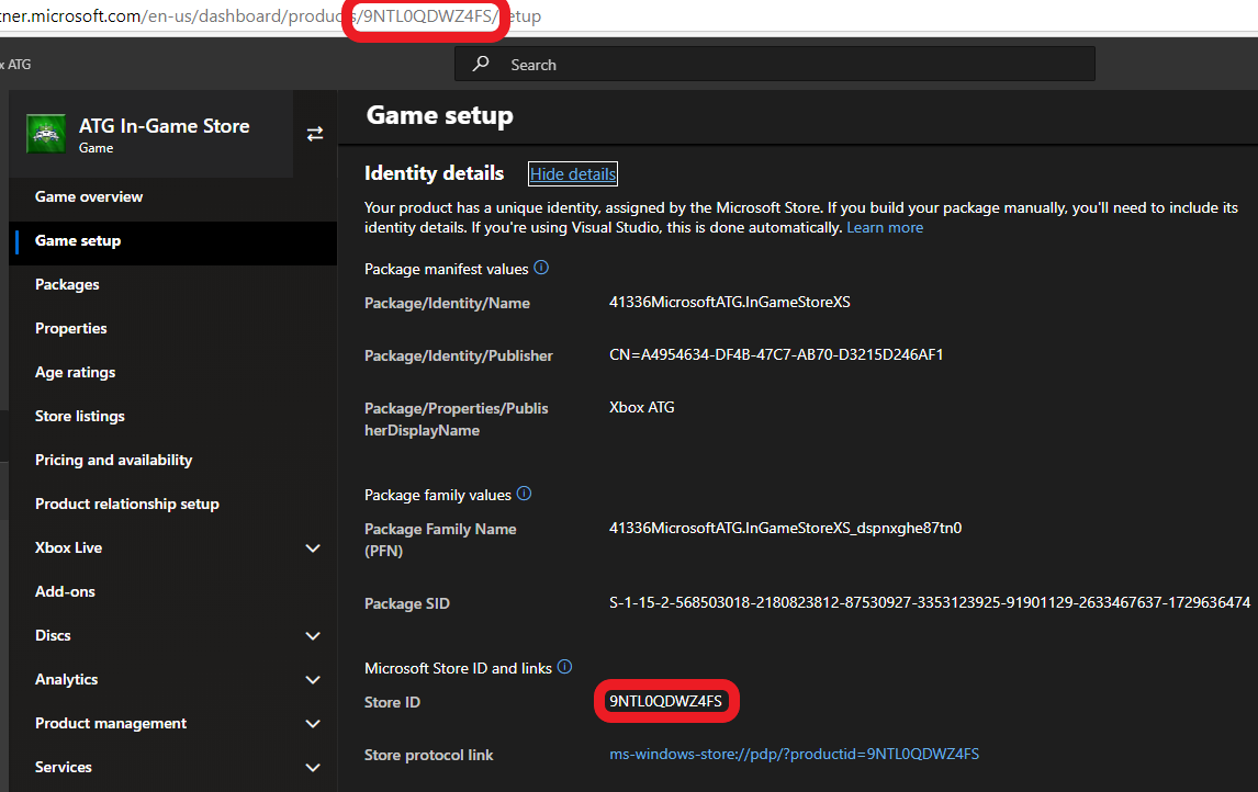 Game setup > Identity details with StoreId circled in URL and on page