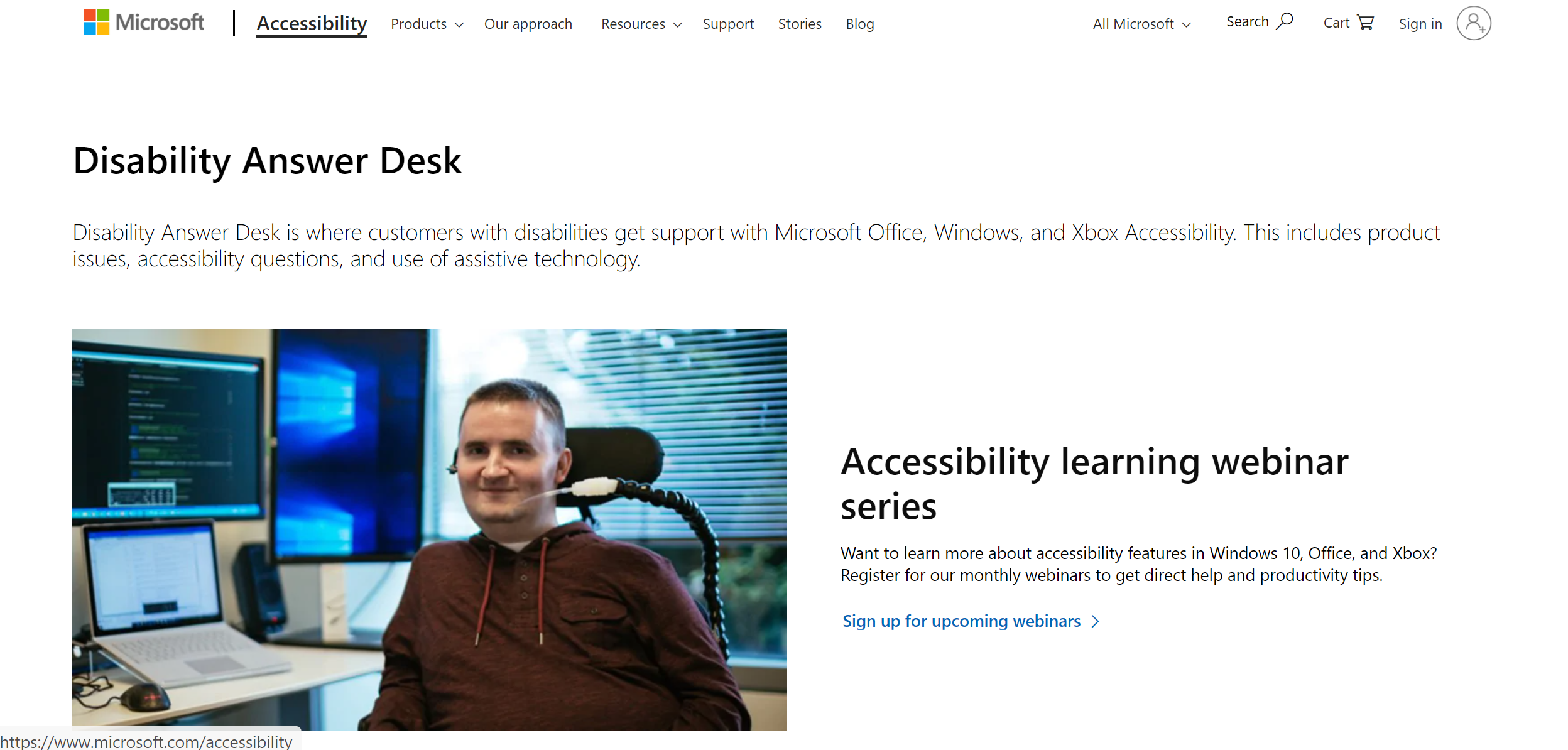 A screenshot of the Microsoft Disability Answer Desk website. 