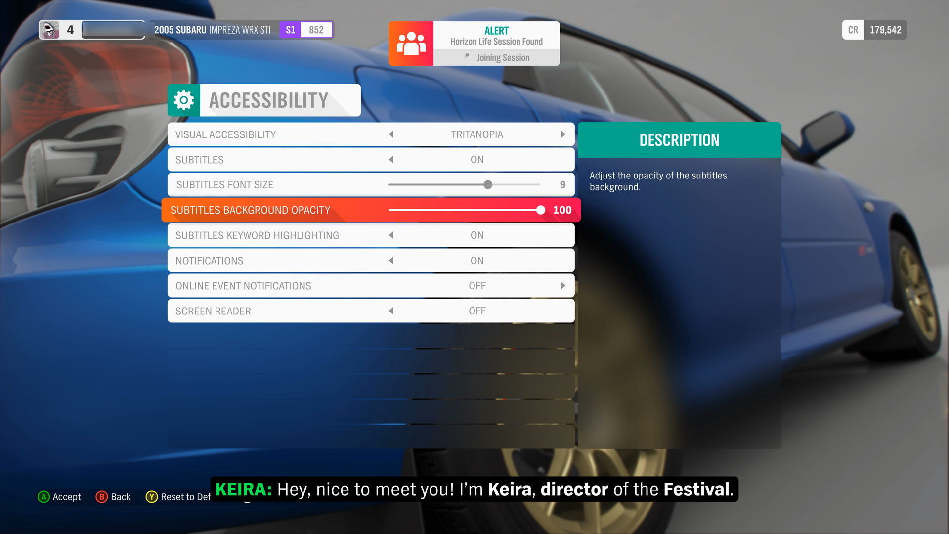 A screenshot of the Forza Horizon 4 Accessibility settings menu. The subtitles background opacity slider is highlighted. The value is 100 percent. There is a preview of what the subtitle will look like on the bottom of the screen.