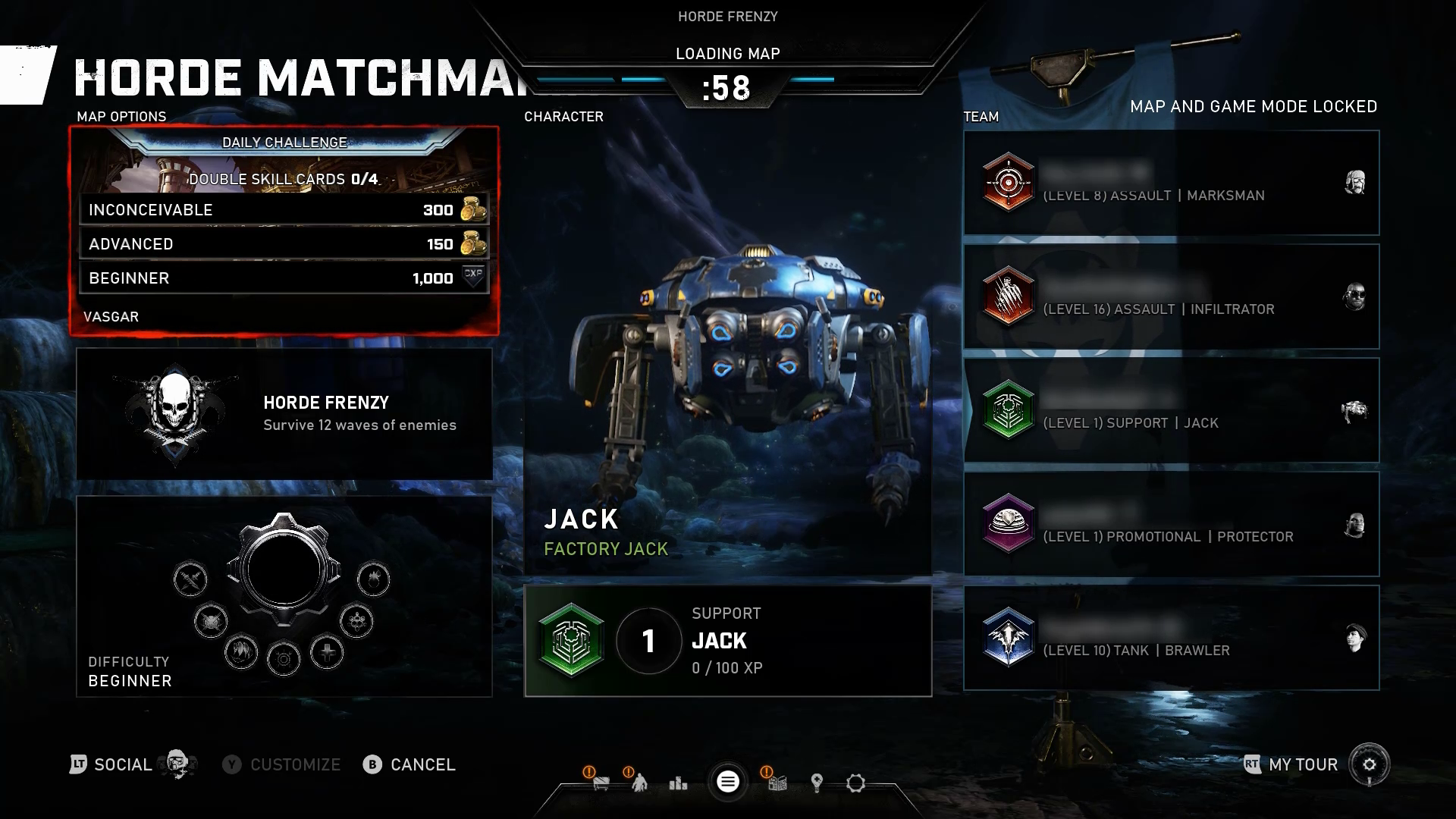 A screenshot from Gears 5. The "Horde Matchmaking" screen is shown. A countdown timer that's displaying 58 seconds is shown at the top of the screen.