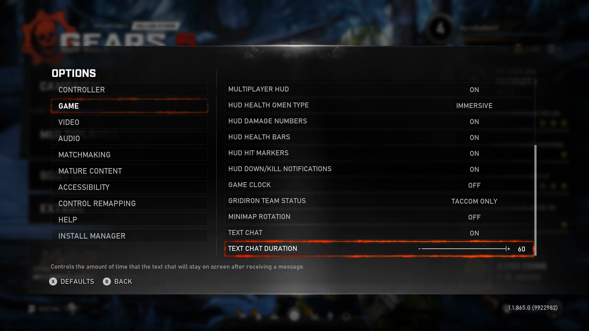 A screenshot from Gears 5, showing the "Options" menu. The "Game" tab is selected. The "Text Chat Duration" slider is shown and has a value of 60 seconds.