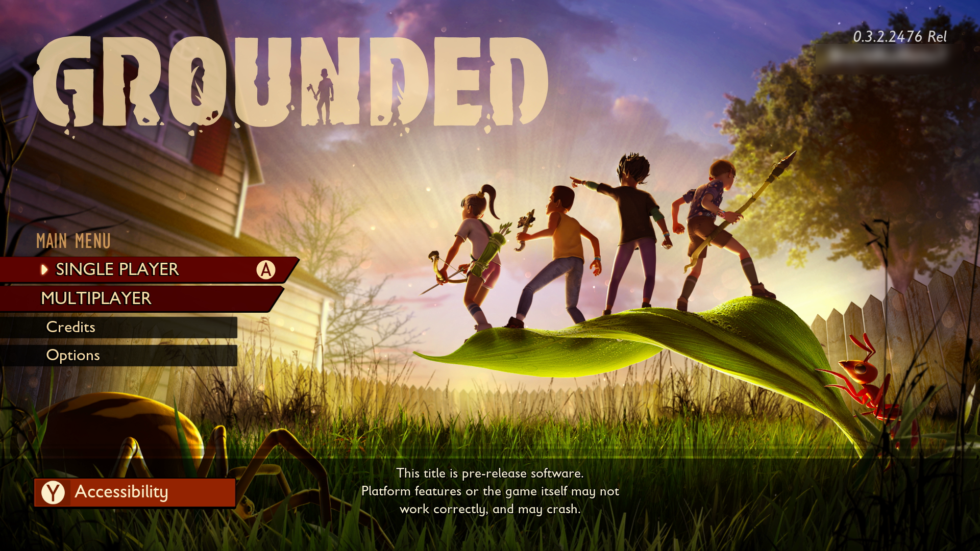 A screenshot of the main menu screen from Grounded. "A  - Accessibility" is displayed on the bottom-left corner of the screen.