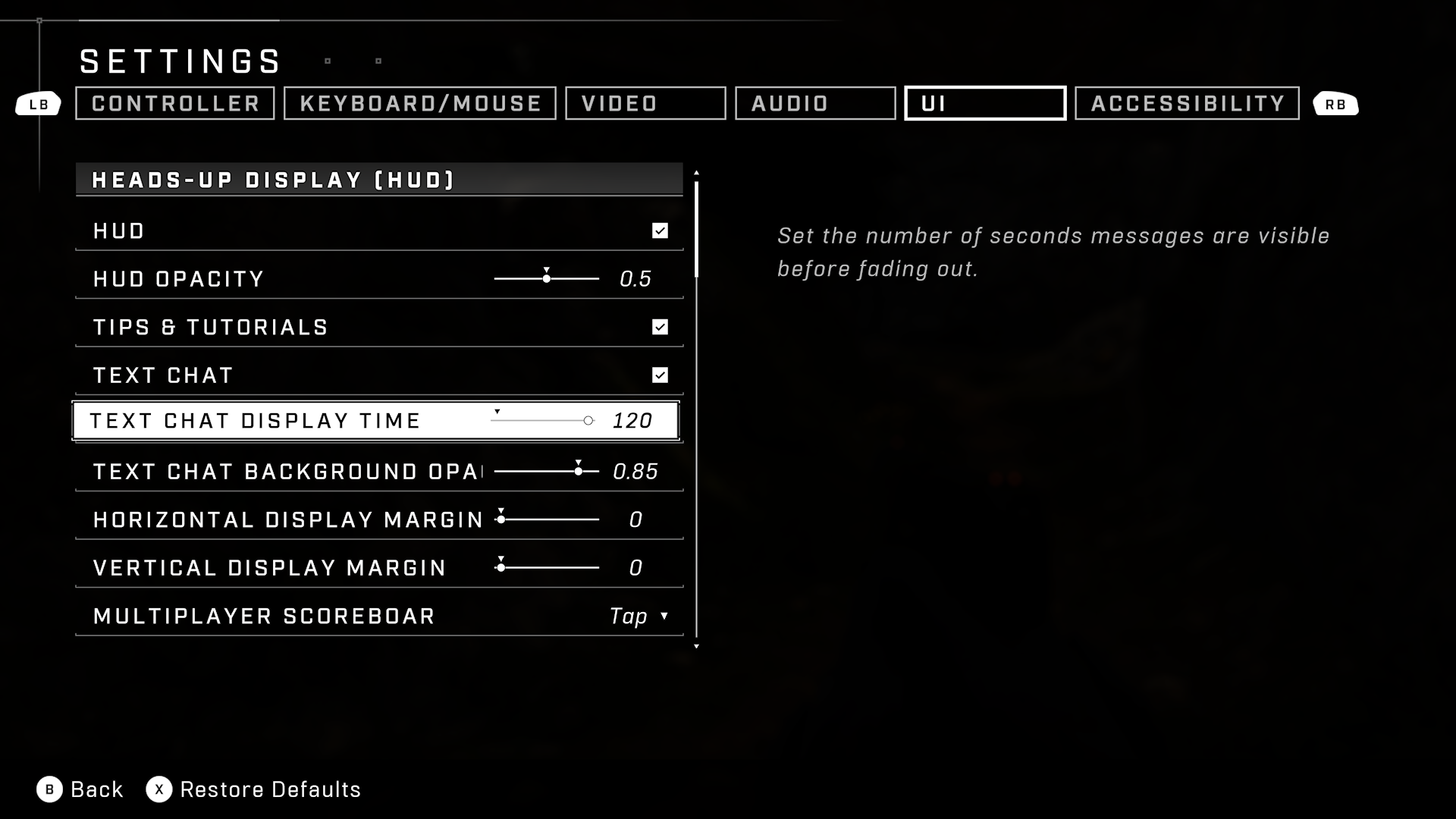 Halo Infinite screenshot of Settings menu where Text Chat Display Time is set to the max possible at 120 seconds."