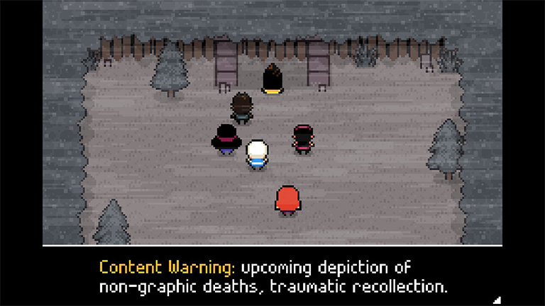 Ikenfell screenshot with text, "Content Warning: upcoming depiction of non-graphic deaths, traumatic recollection."