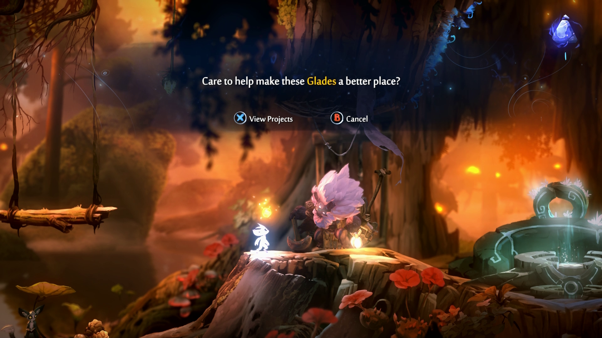 A screenshot from Ori and the Will of the Wisps. A dialog appears in-game that asks, "Care to help make these Glades a better place?" and indicates "X" for "View Projects" and "B" for "Cancel."