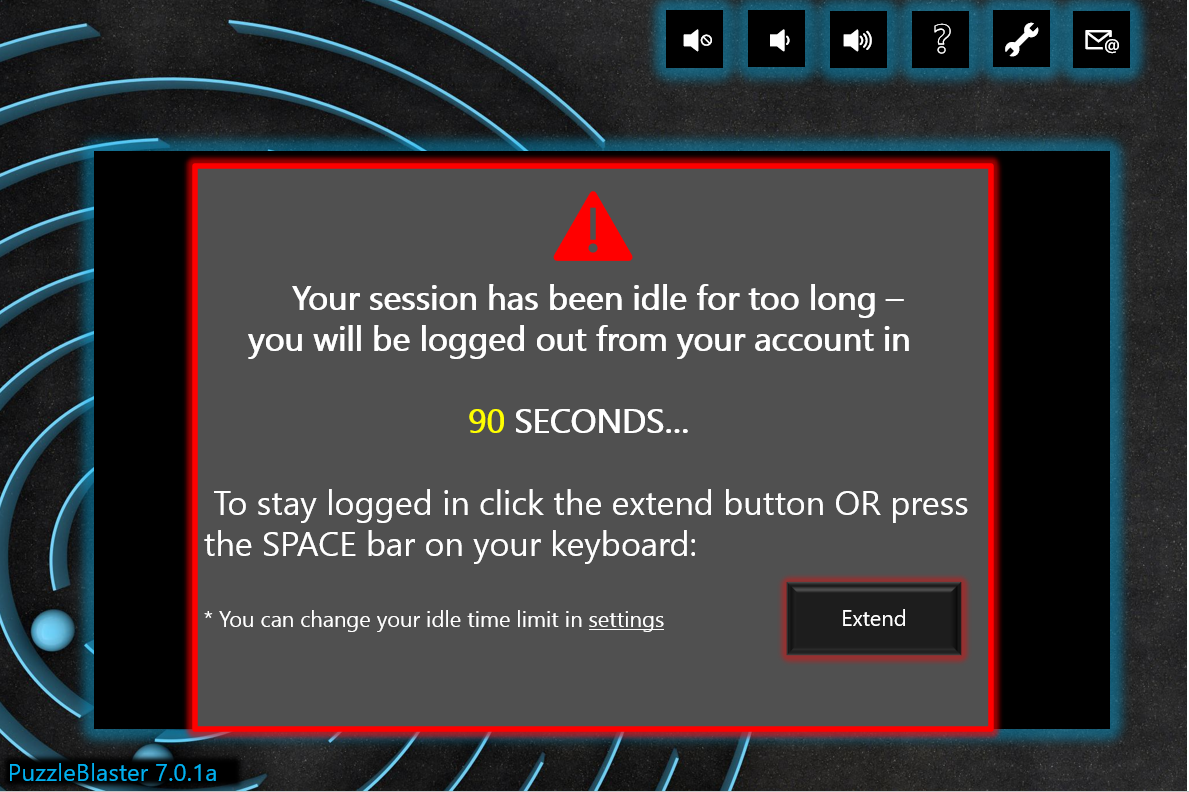 A screenshot of the fake game "PuzzleBlaster." A warning dialog box appears and states, "Your session has been idle for too long - you will be logged out from your account in 90 seconds... To stay logged in click the extend button OR press the SPACE bar on your keyboard. You can change your idle time limit in settings."