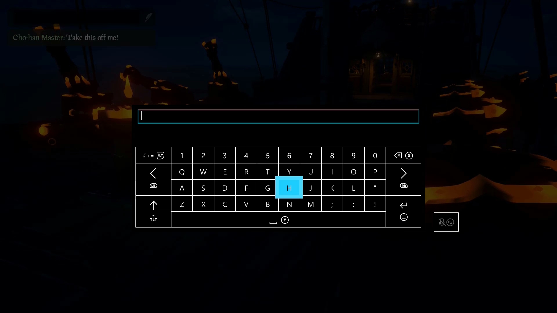 A screenshot from Sea of Thieves that displays the Xbox on screen keyboard overlaid on the game's UI.
