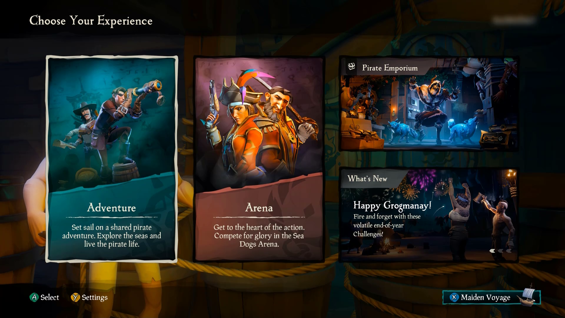 A screenshot from Sea of Thieves that shows the "Choose Your Experience" screen. The "Adventure" tile is selected.