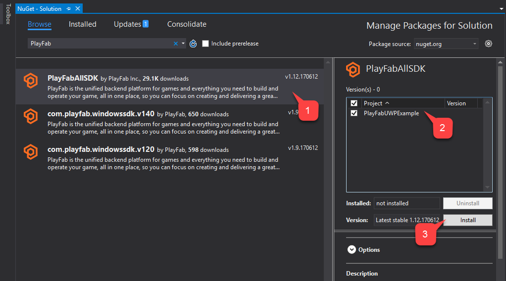 Visual Studio Install PlayFab SDK