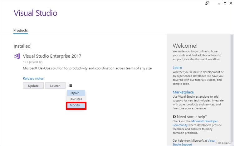 Visual Studio Installer Modify