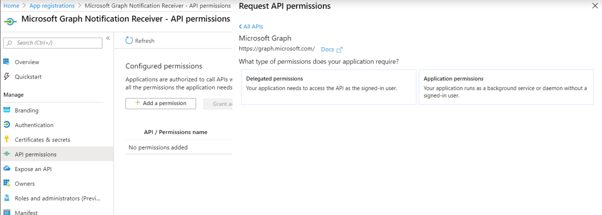 Screenshot of the Request API permissions page of the Azure portal