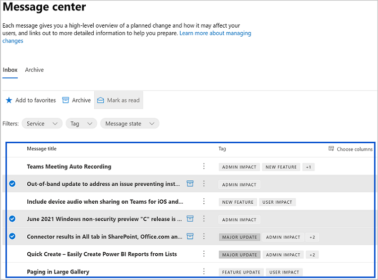 Screenshot of Microsoft 365 admin center message center dashboard for a user