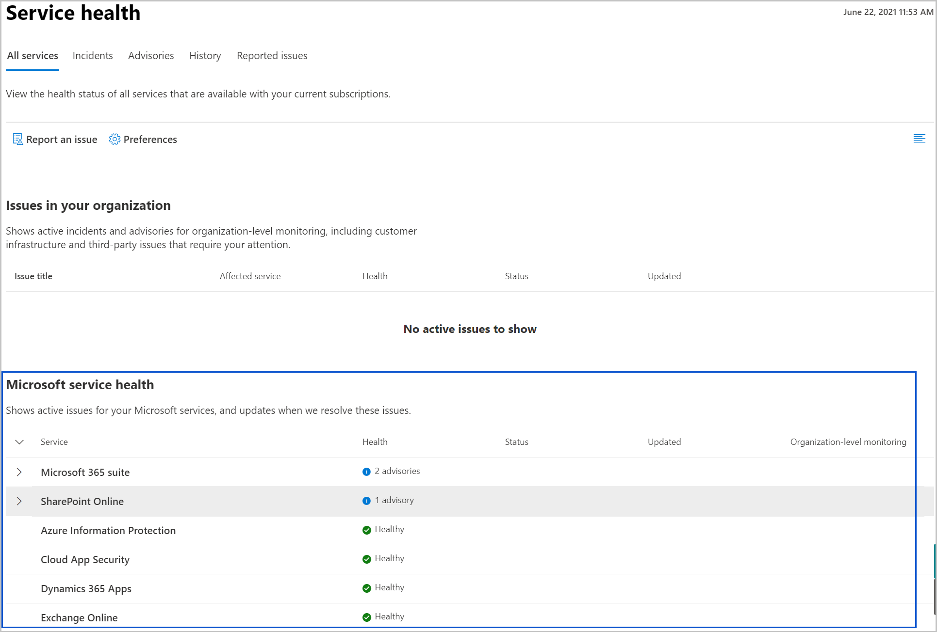 Screenshot of Microsoft 365 admin center service health dashboard for a user