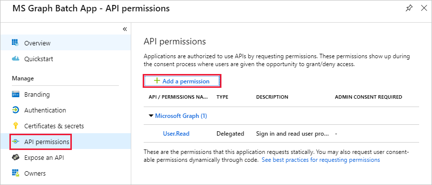 A screen shot of the API permissions blade