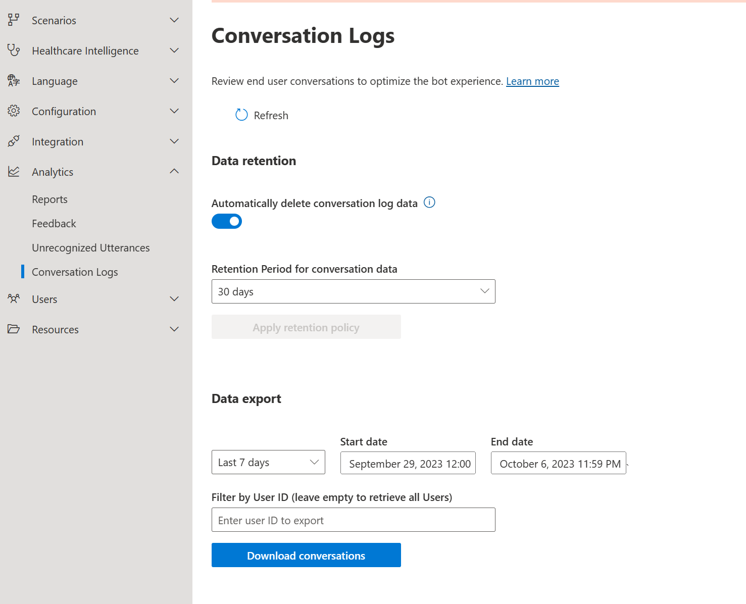 A screenshot of the conversation log view