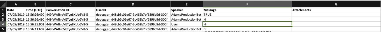 A screenshot of an excel export with the logs