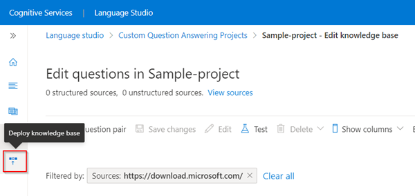 Screenshot of the language studio, deploying model for question answering