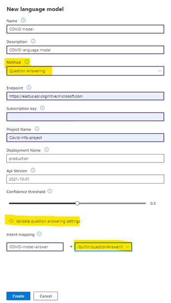 Screenshot of the Azure AI Health Bot linking to the Question Answer Model