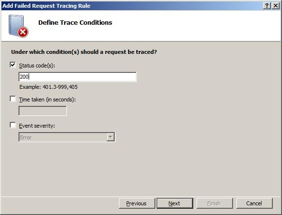 Screenshot of the Add Failed Request Tracking Rule window showing the Define Trace Conditions dialog. 