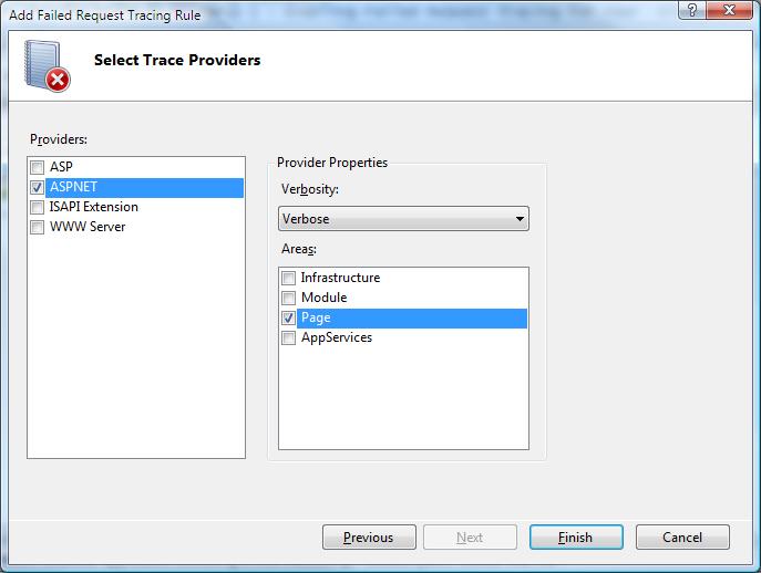 Screenshot of the Add Failed Request Tracking Rule window showing the Select Trace Providers dialog.