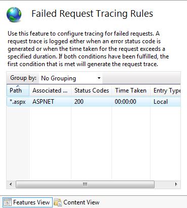 Screenshot showing the Failed Request Tracing Rules window. 