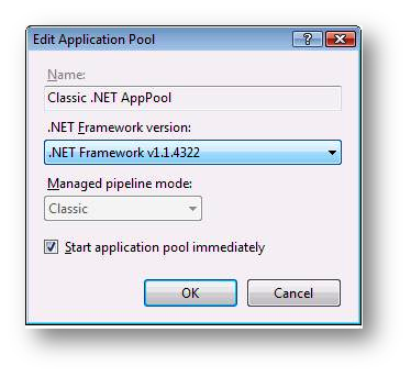 Screenshot of the Edit Application Pool dialog box with selected dot N E T Framework selected.