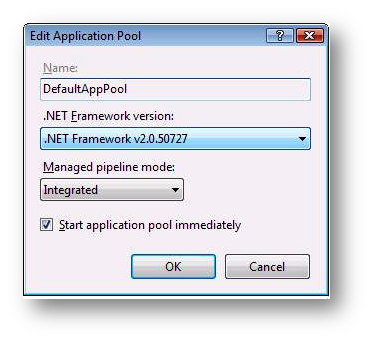 Screenshot of Edit Application Pool dialog box with selected dot N E T Framework highlighted.