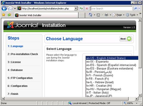 Screenshot of the Joomla installation page showing Choose Language in the main pane.