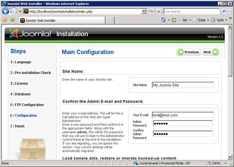 Screenshot of the Joomla installation page. Main configuration settings are showing in the main pane.
