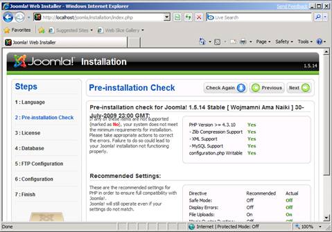 Screenshot of the Joomla installation page showing the pre-installation check results in the main pane.