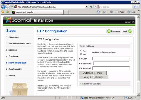 Screenshot of the Joomla installation page. F T P configuration settings are showing in the main pane.