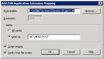 Screenshot of the Add or Edit Application Extension Mapping dialog box. In the Executable box, C colon backslash W I N N T backslash system thirty two backslash i net s r v backslash f c g i e x t dot d l l is written.