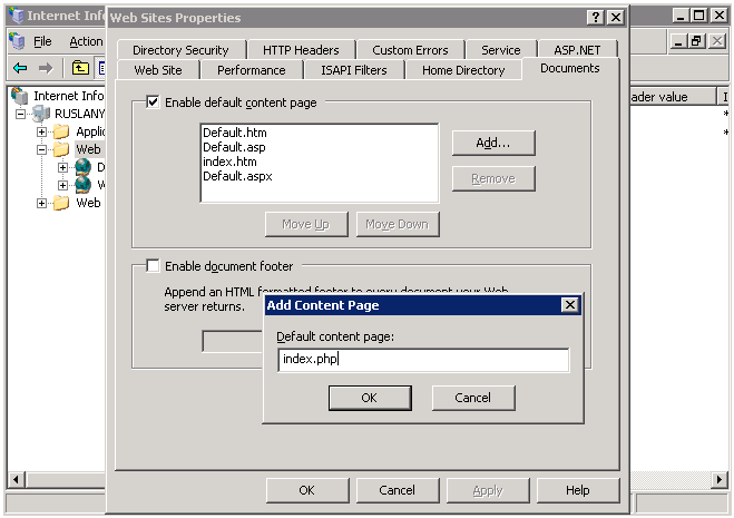 Screenshot of the Web Sites Properties dialog box. Enable default content page is selected. The Add Content Page dialog box is shown. Index dot p h p is written in the Default content page box.