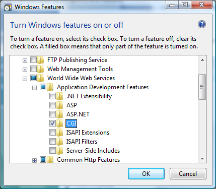 Screenshot of the Windows Features dialog with C G I selected.