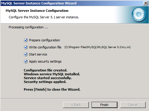 Screenshot of the My S Q L Server Instance Configuration Wizard completion page.