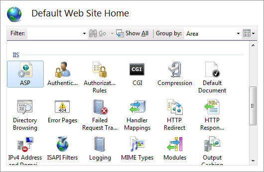 Screenshot of the I I S Manager Default Web Site Home page. The A S P icon is highlighted.