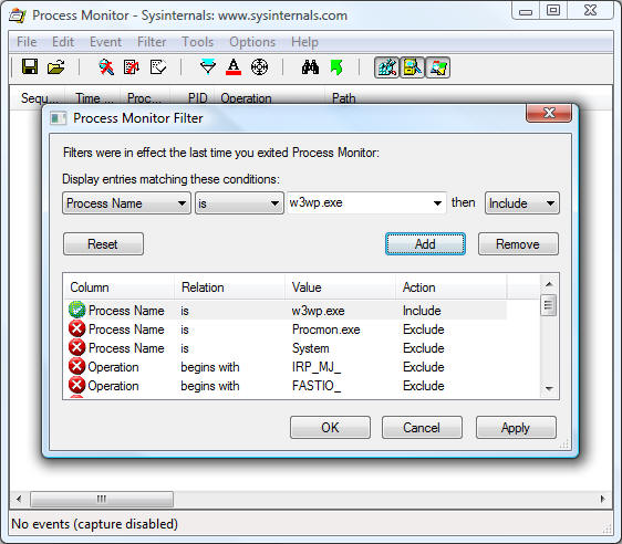 Screenshot of the Process Monitor Filter dialog.