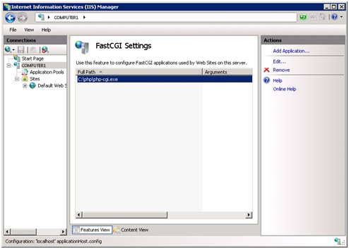 Screenshot of the I I S Manager window showing Fast C G I Settings in the main pane.