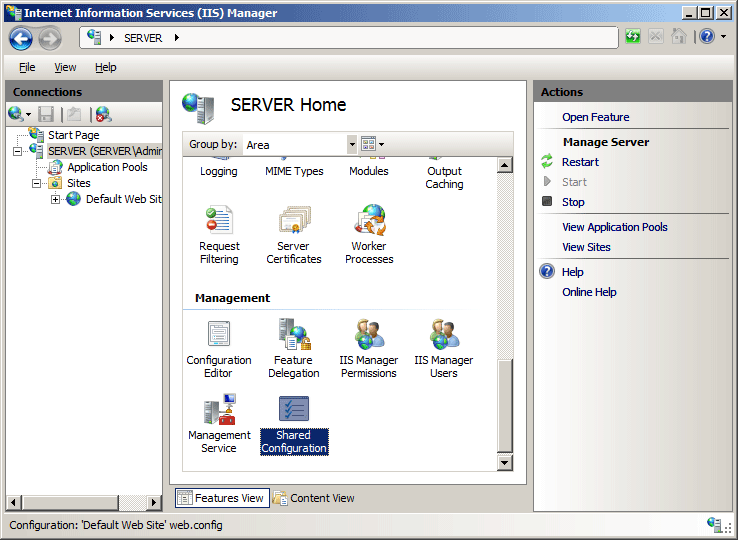 Screenshot of I I S manager Home pane. Shared Configuration icon selected.