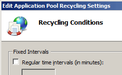 Screenshot of the Edit Application Pool Recycling Settings page. The Fixed Intervals section is located at the top.