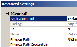 Screenshot of the Advanced Settings dialog box with the Application Pool entry being highlighted.