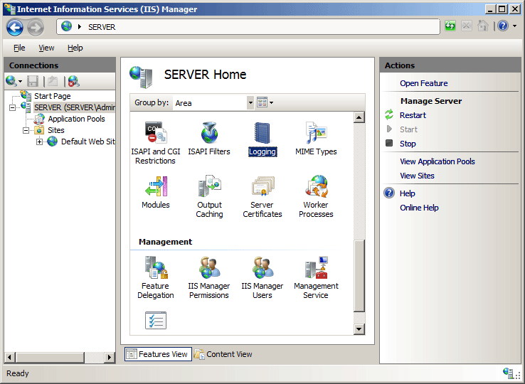 Screenshot of the I I S Manager window displaying the Server Home page. The icon for Logging is highlighted.