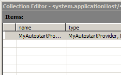 Screenshot of Collection Editor dialog box showing fields for name and managed type of auto start provider.